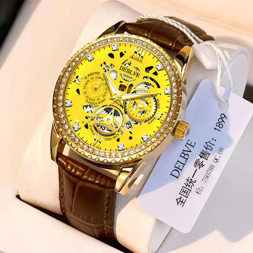 Fashionable luxury diamond waterproof belt calendar men's business hollow non-mechanical sports youth watch luminous
