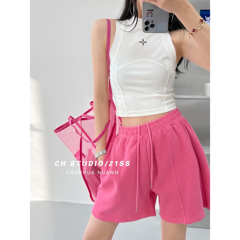 Spring and Summer Street Sweet and Spicy Rose Red Sports Shorts Women's Loose Thin Mid-length Pants with Loose Waist and Pleated Midline Pants