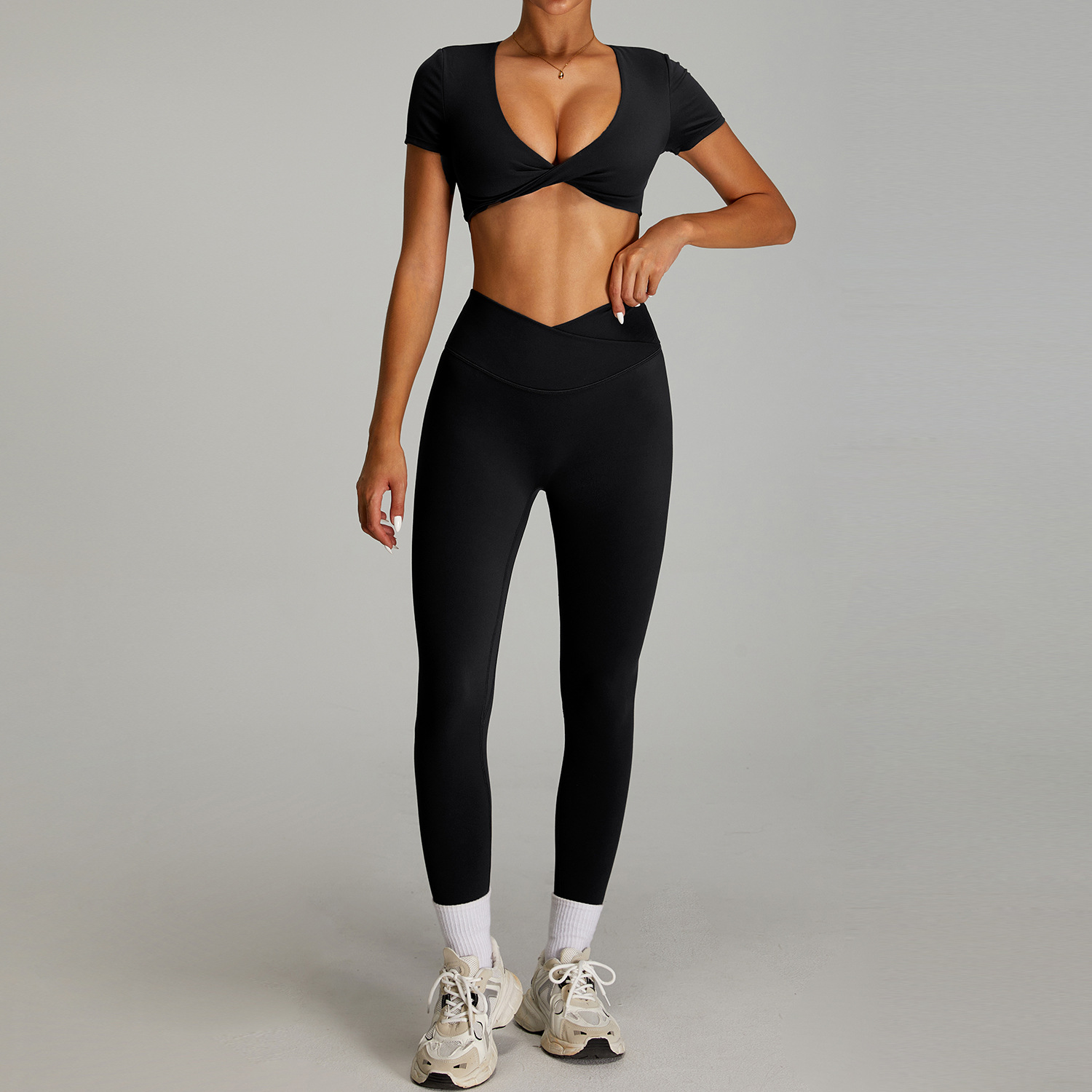 Traje de ropa de yoga desnuda de cintura alta cruzada transfronteriza, ropa de fitness ajustada de secado rápido para mujer, traje de carrera para deportes al aire libre