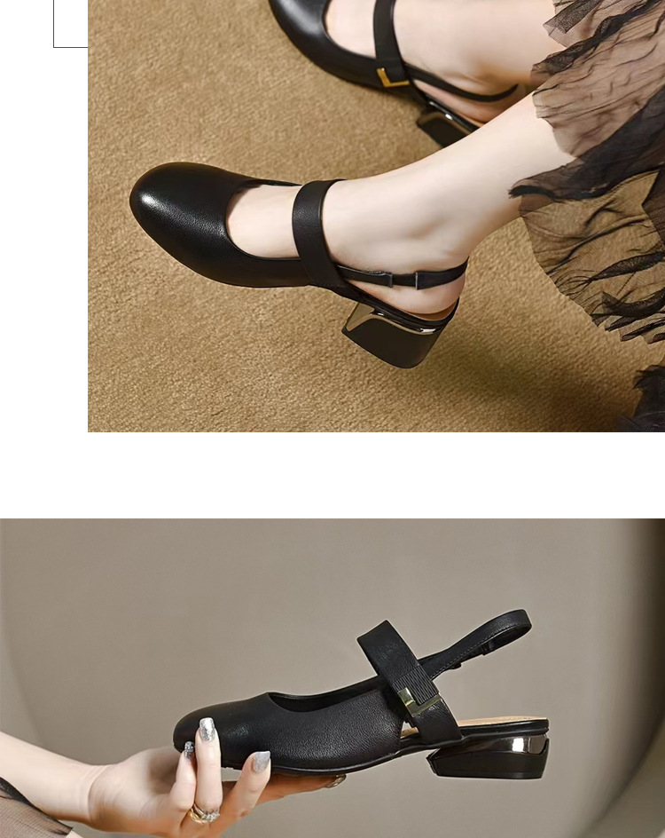 Dép da thật nữ mũi tròn bít gót thấp 3 cm quai chữ V đế mềm — Gót đen cao 3 cm chi tiết 18