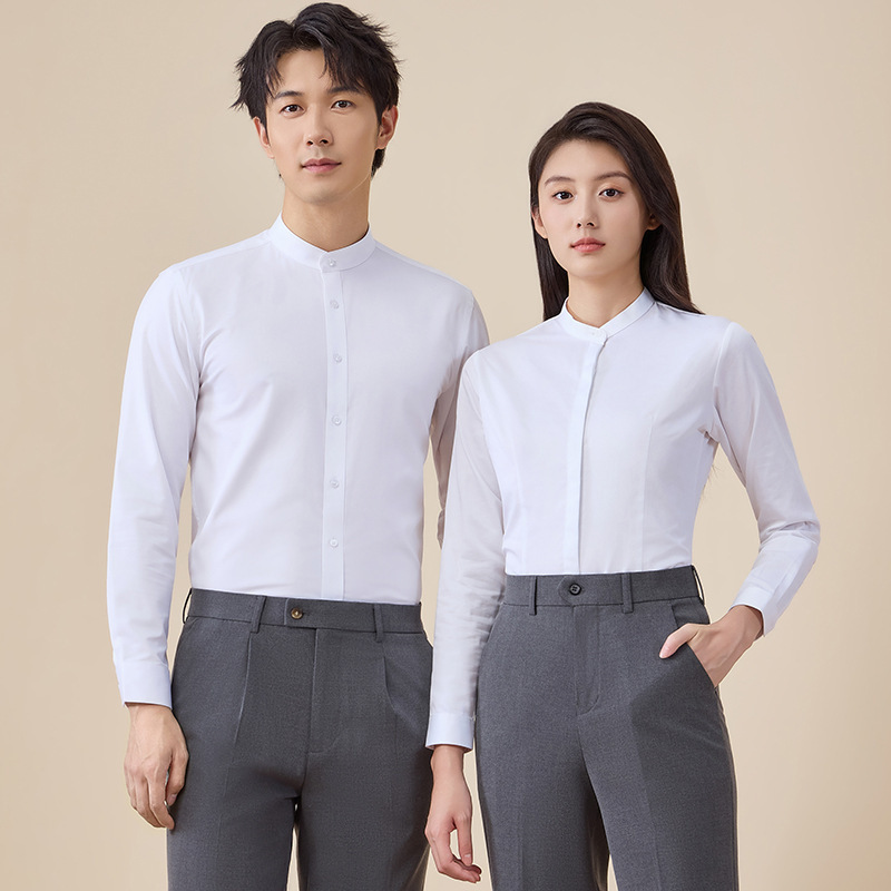 Men's and Women's Same Style Men's Shirts Formal Shirts Stand Collar No-Iron Long-Sleeved Solid Color Bamboo Fiber Shirts Unit Work Clothes