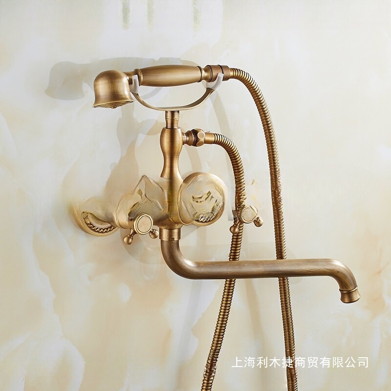 Antique-Style Bathtub Faucet, Vintage Hot and Cold Bathroom Shower Set, Water Outlet Mixing Valve with Three Handles