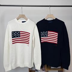 高品質メンズバージョン 25 秋冬スタイル純綿ヘビーウェイト刺繍アメリカ国旗セーターラウンドネック長袖セーター