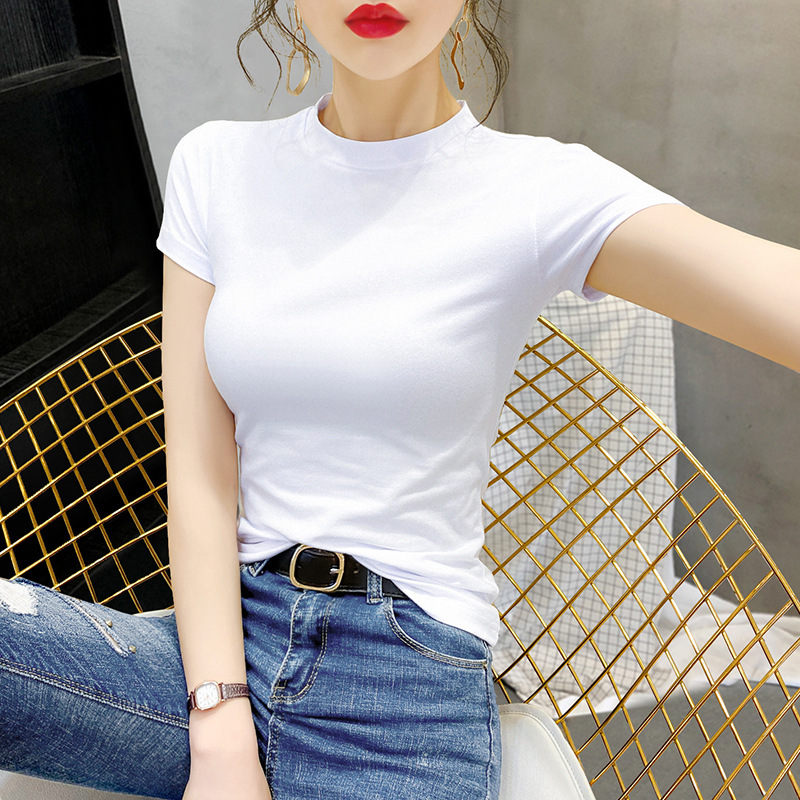 순수한면 티셔츠 여성용 작은 둥근 목 작은 높은 목 둥근 목 V-목 짧은 소매 여름 새로운 내면베이스 셔츠 슬림 최고 트렌디