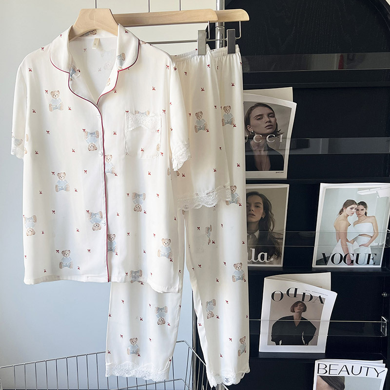 24 Spring and Summer Imitation Acetate Pajamas high quality Soft Women's Home Wear Lace Outer Wear Best Friend Pajamas 3-piece Set