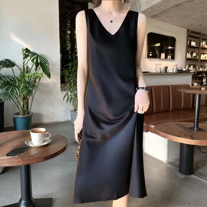 Solid color black long summer slip dress sleevless