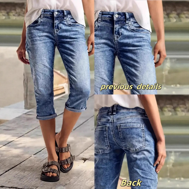 Cross-Border Amazon Popular Slim-Fit Trendy Snowflake Craft Washed Hem Rolled-Up Versatile Denim Mid-Length Pants. Cross-Border Amazon Popular Slim-Fit Trendy Snowflake Craft Washed Hem Rolled-Up Versatile Denim Mid-Length Pants.