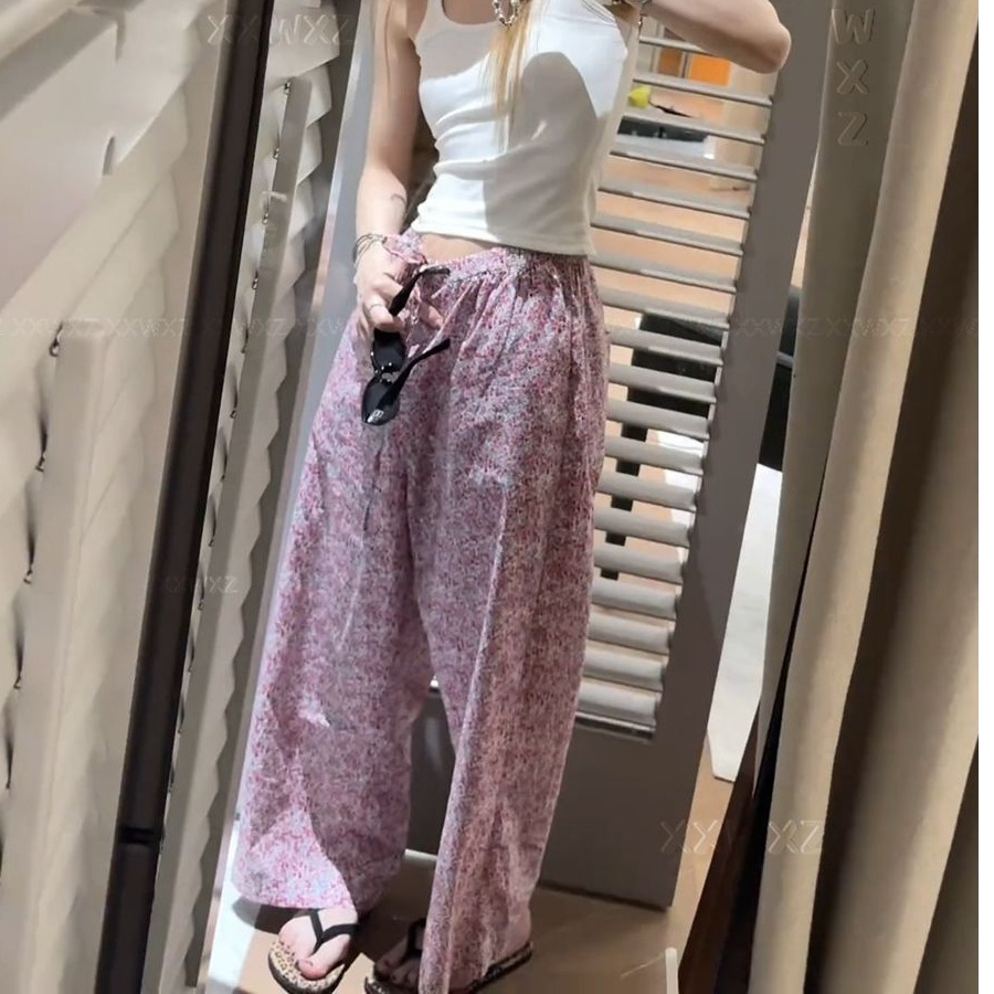 跨境夏季浪漫时尚百搭松紧高腰清新甜美风碎花休闲阔腿裤女长裤子