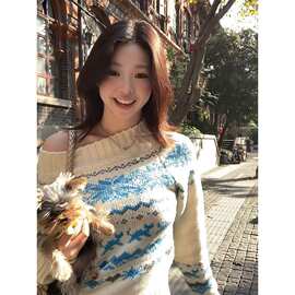 实价绵羊绒#圣诞费尔岛一字肩毛衣女秋冬氛围感软糯针织衫上衣