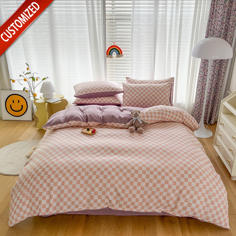 Juego de sábanas de algodón lavado cepillado de cuatro piezas, estilo primavera y otoño, color liso sencillo, juego de cama de alta gama, lujo personalizado al por mayor.