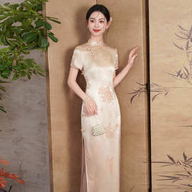 春季新款提花真丝旗袍中式桑蚕丝高端手工缝制送考宴席长款