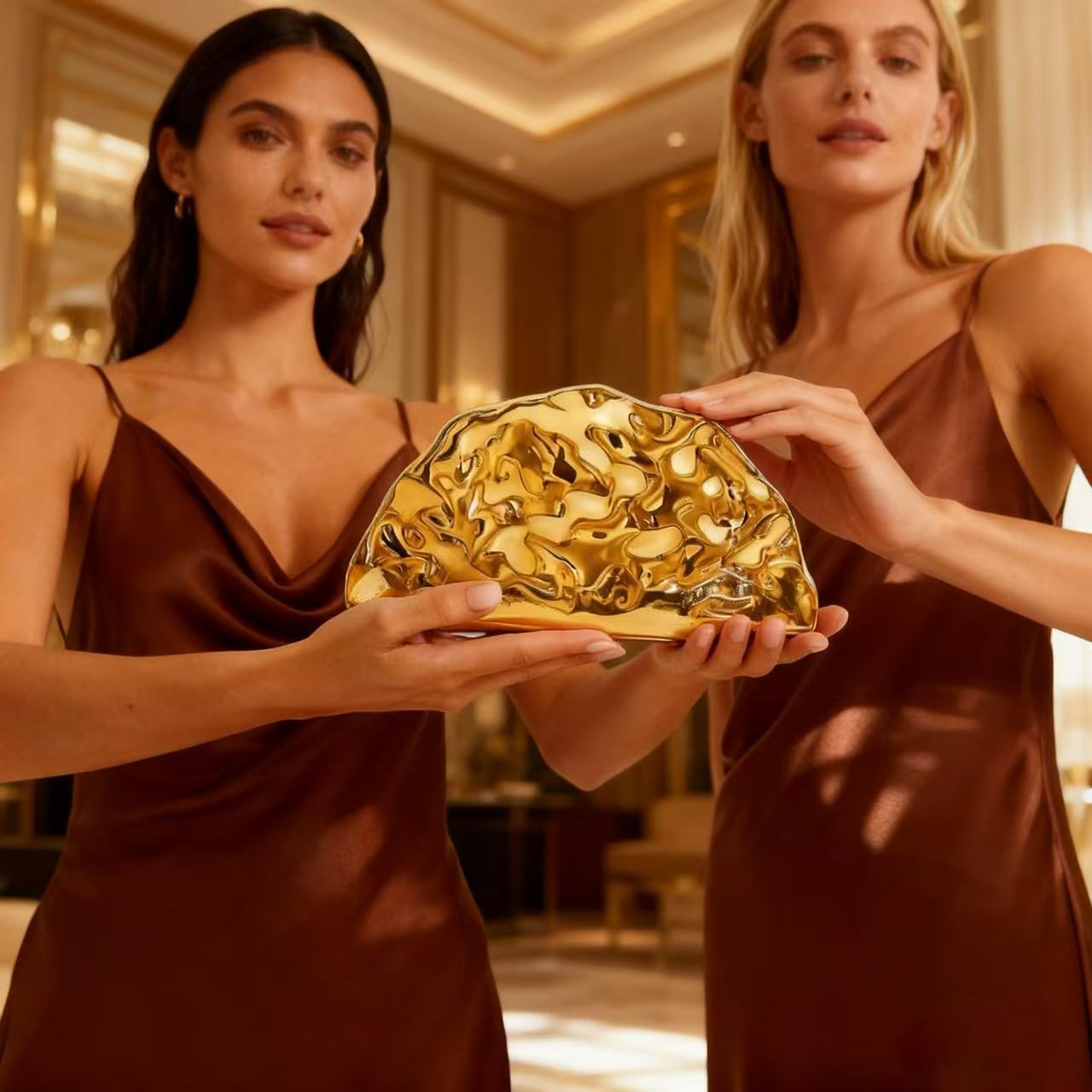 Comercio exterior transfronterizo bolsa de cena de dama lujo ligero alto sentido europeo y americano galvanizado metal ventilador acrílico bolsa de mano de cena