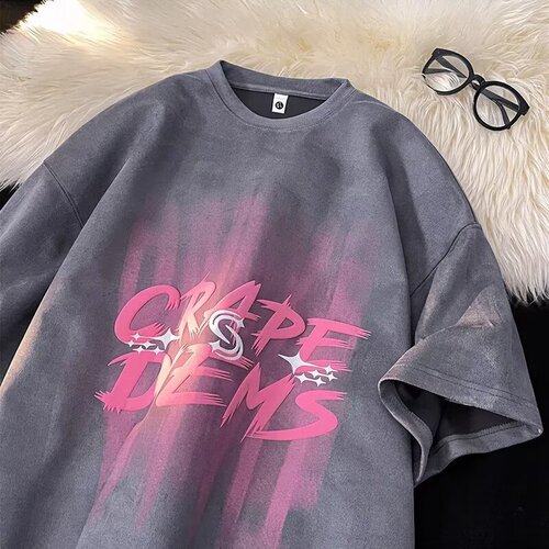 Summer Heavyweight New Arrival American Calfskin Print Crew Neck Short Sleeve Streetwear Couple Bestselling Loose Fit Versatile Casual Top