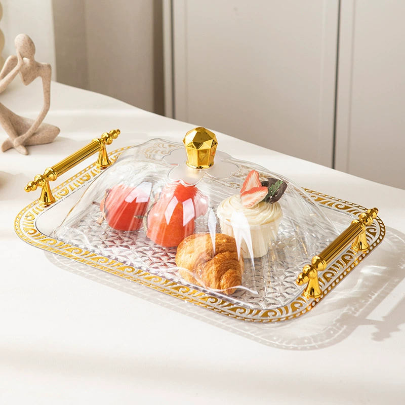 Домашняя гостиная Прозрачная позолоченная ручка поднос с крышкой фруктовая тарелка кухня пластиковый чайный столик чайный столик