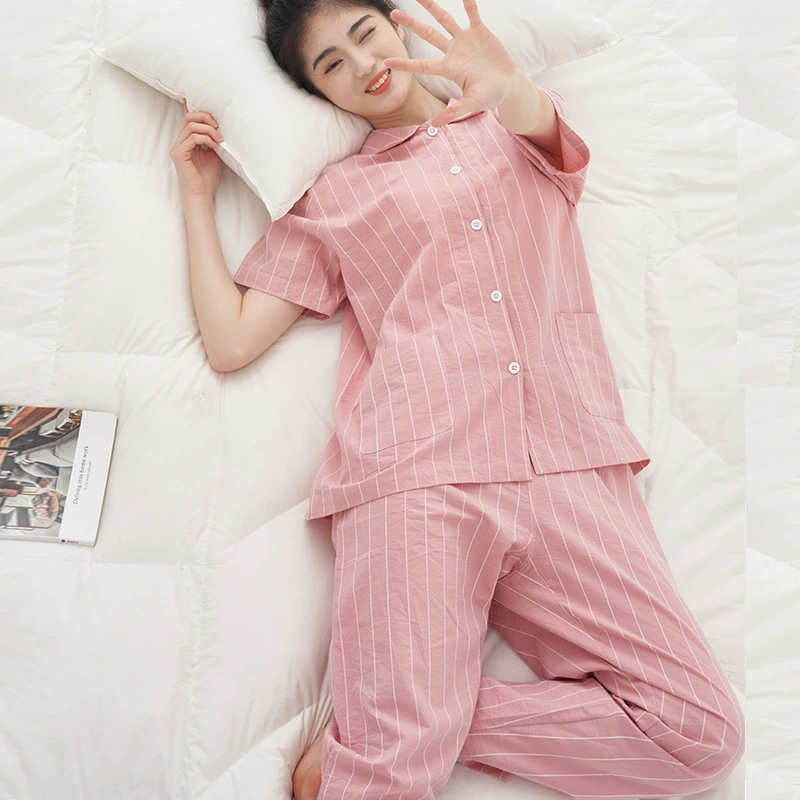 Пижама из чистого хлопка без принта в японском стиле с короткими рукавами, мужские и женские летние Пижамные брюки из чистого хлопка, верхняя одежда в полоску, брюки, домашняя одежда