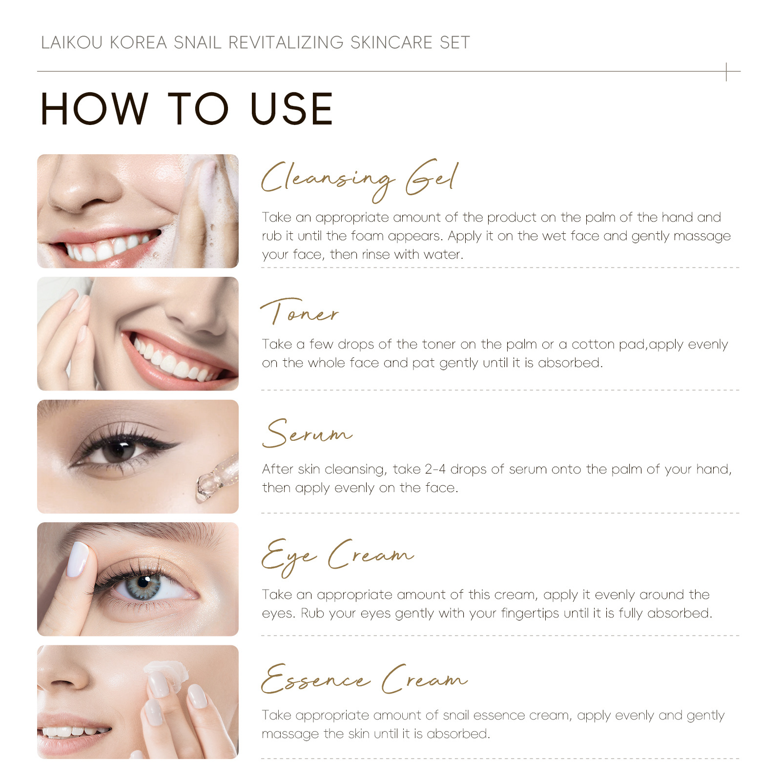 Cross-border new LAIKOU snail skin care five-piece set for facial care to brighten skin tone, manufacturer's skin care products in stock undefined