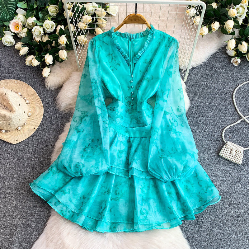 Light Luxury Dopamine Yellow V-Neck Lantern Sleeve Dress for Women, Niche Super Fairy Chiffon Printed Ruffle Tiered Dress Light Luxury Dopamine Yellow V-Neck Lantern Sleeve Dress for Women, Niche Super Fairy Chiffon Printed Ruffle Tiered Dress