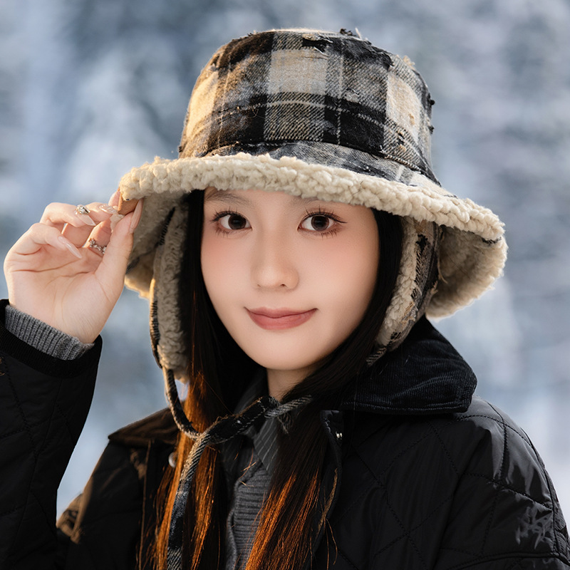 日系复古加绒加厚雷锋帽冬季格子纹防风保暖护耳帽休闲百搭毛绒帽|undefined