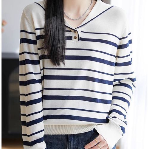 Navy Leader Cardigan Striped Hooded Loose Knitted Sweater Women Spring Autumn Color Block Base Knit Top Stylish Long Sleeve Top