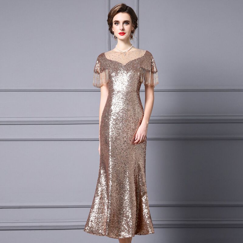 Zhili Designer Exquisite Dress for Banquet, Gold Sequin Long Gown, Light Formal Dress for Women, Summer 2026 New Model