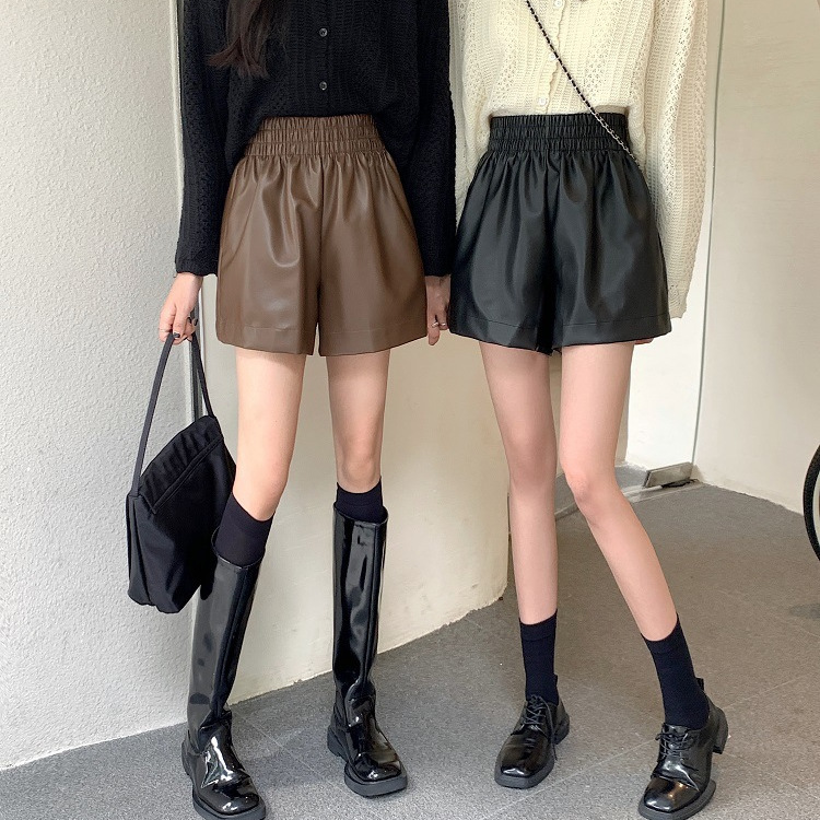 Plus Size High-Waisted Leather Shorts for Women, Autumn Black A-Line Wide-Leg Pu Leather Pants with Elastic Waist, Casual Pants Plus Size High-Waisted Leather Shorts for Women, Autumn Black A-Line Wide-Leg Pu Leather Pants with Elastic Waist, Casual Pants