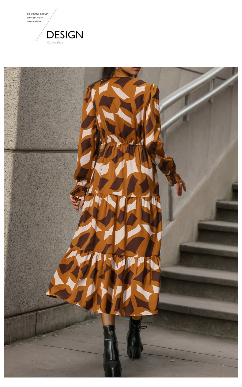 Geometriskt mönster volanger med V-ringad Lång mångsidig klänning med knäppning_voghion.com