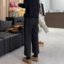 冬季毛呢直筒休闲裤女加绒裤大码宽松显瘦保暖九分阔腿裤8079#