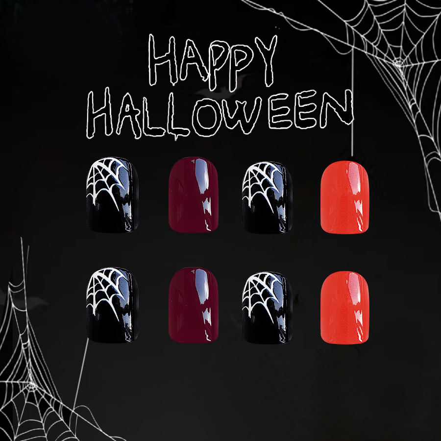 Unghie finte corte e luminose, ragnatela, zucca, arancione e rosso, semplici, armatura quadrata, manicure di Halloween, nuovo 24 pezzi_voghion.com