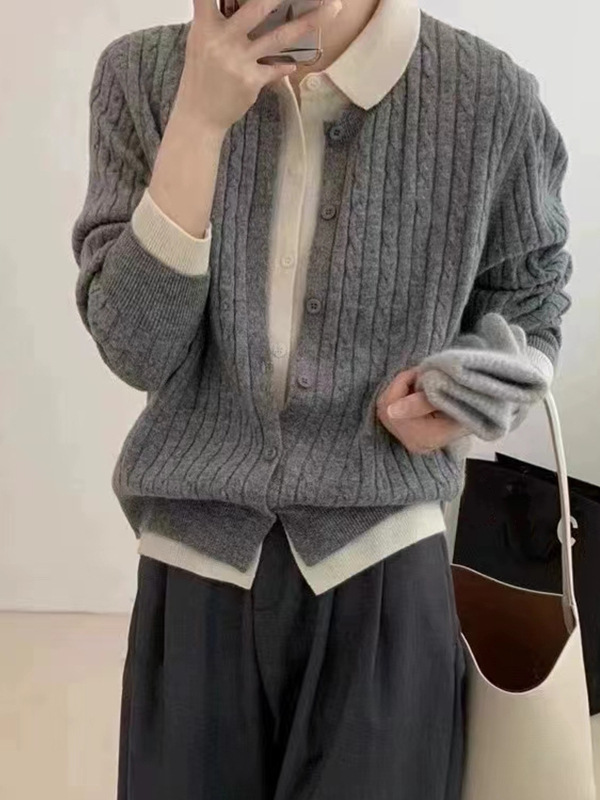 韩系polo领拼色假两件毛衣开衫女秋冬新款宽松慵懒风别致针织外套|undefined