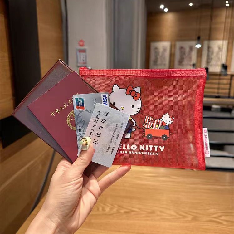 50 주년 기념 kt 고양이 메쉬 가방 ID 카드 화장품 잡화 보관 가방 귀여운 만화 빨간색 동전 지갑 작은 가방