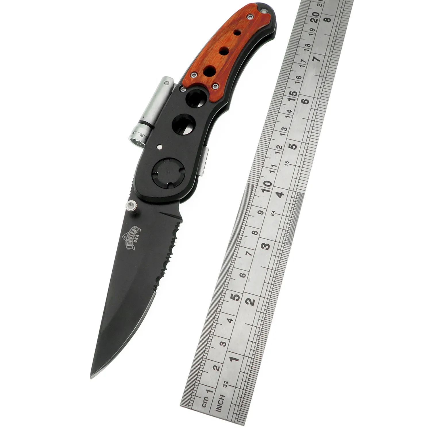 厂家直供LED灯户外多功能折叠刀镶彩木野营露营工具丛林战术军刀