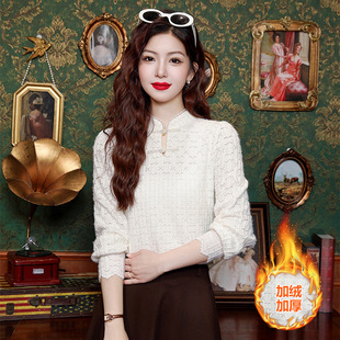 fleece-lined Lace Base Shirt Shirt Women's Autumn 2024 New New Chinese-style Long-sleeved Top with Buckle