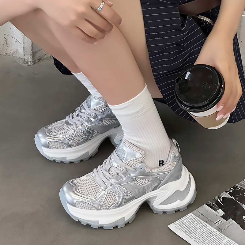 Trendy Influencer-Style Silver Dad Sneakers for Women, 2026 Spring/Summer New Versatile Genuine Leather Casual Sports Shoes, Ins Trend