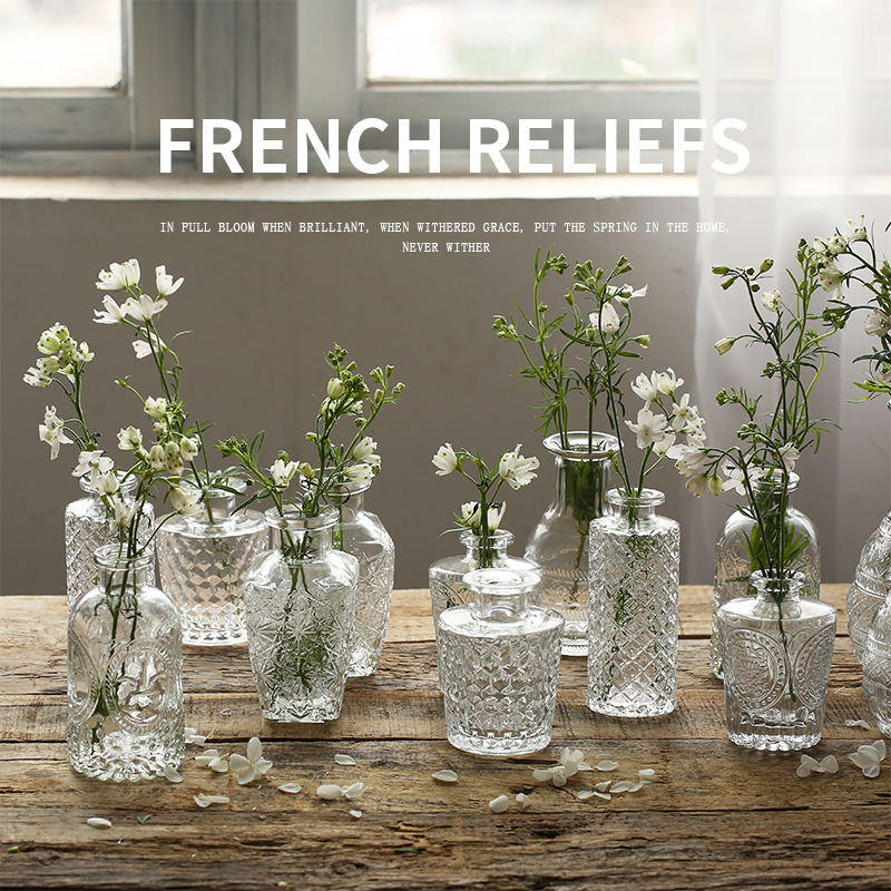 Small glass vase retro light luxury embossed transparent French ins…