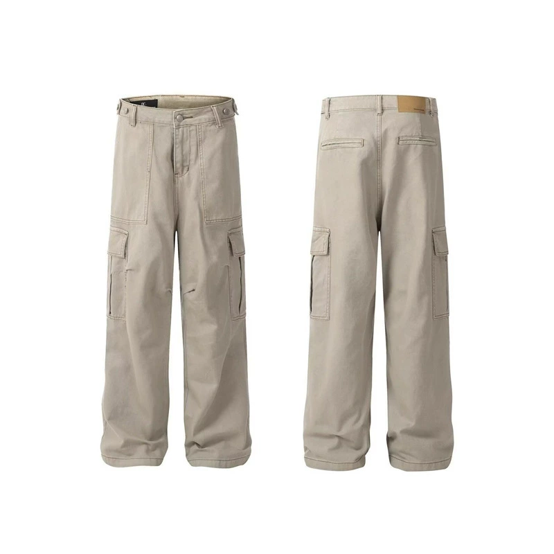 Американские ретро уличные брюки с несколькими карманами и клапанами, абрикосовые брюки-карго, мужские высококачественные прямые свободные джинсы