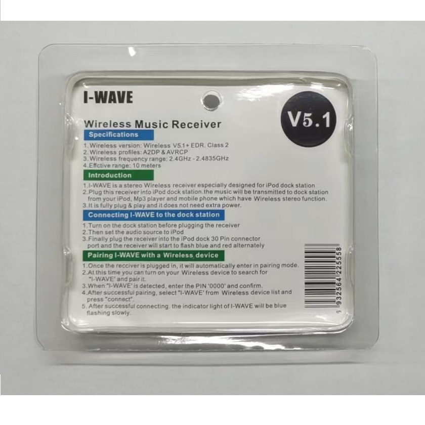 Nuevo 5,1 versión 30Pin Bluetooth audio receptor altavoz I-WAVE Bluetooth adaptador Bluetooth receptor