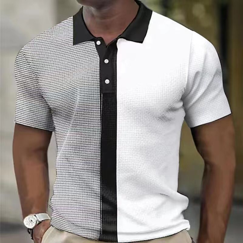 跨境夏季新款外贸 欧美男士polo衫短袖拼色条纹纽扣华夫格T恤
