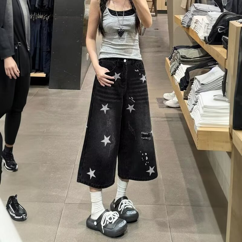Black Star Print Ripped Denim Cropped Pants American Style Women's Summer New Plus-Size Loose Casual Slimming Straight Wide-Leg Pants Black Star Print Ripped Denim Cropped Pants American Style Women's Summer New Plus-Size Loose Casual Slimming Straight Wide-Leg Pants