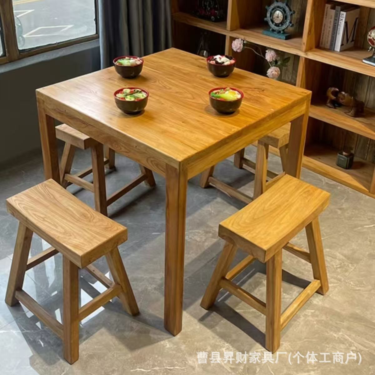 Old Elm Dining Table and Chair Vintage Coffee Table Restaurant Fast Food Restaurant Solid Wood Table and Chair Homestay Tavern Log Square Table Deposit