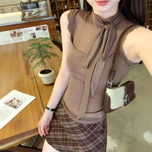 网纱拼接挂脖无袖背心女装潮好物2025夏季修身显瘦设计感飘带上衣