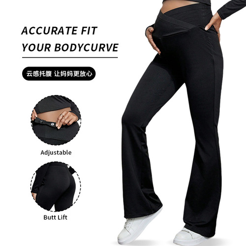 Autumn and winter pregnant women yoga pants, cross-support belly strap, high-waist slim bell-bottom pants, European and American pregnancy leggings