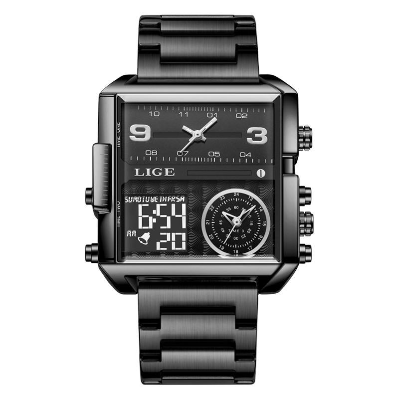 Lige cuarzo electrónico doble reloj de pantalla reloj impermeable de los hombres reloj de correa de acero cuadrado multifuncional 8925