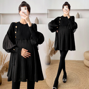 Internet Celebrity Knitted Stitching Lantern Sleeve Belly Covering Slimming Top Pregnant Women's Spring and Autumn Pleated Dress