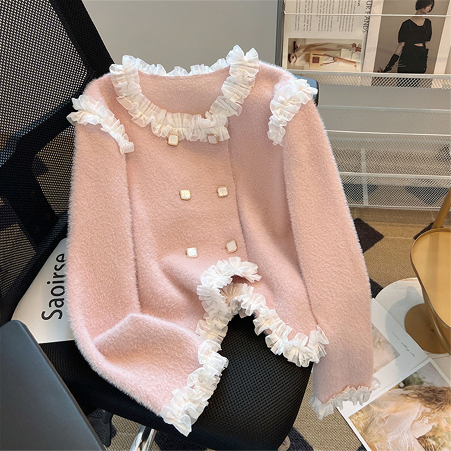 24 invierno Puyuan encantador viento fresco dulce imitación de cardigán de visón cuello redondo suelto camisa de estilo de mujer