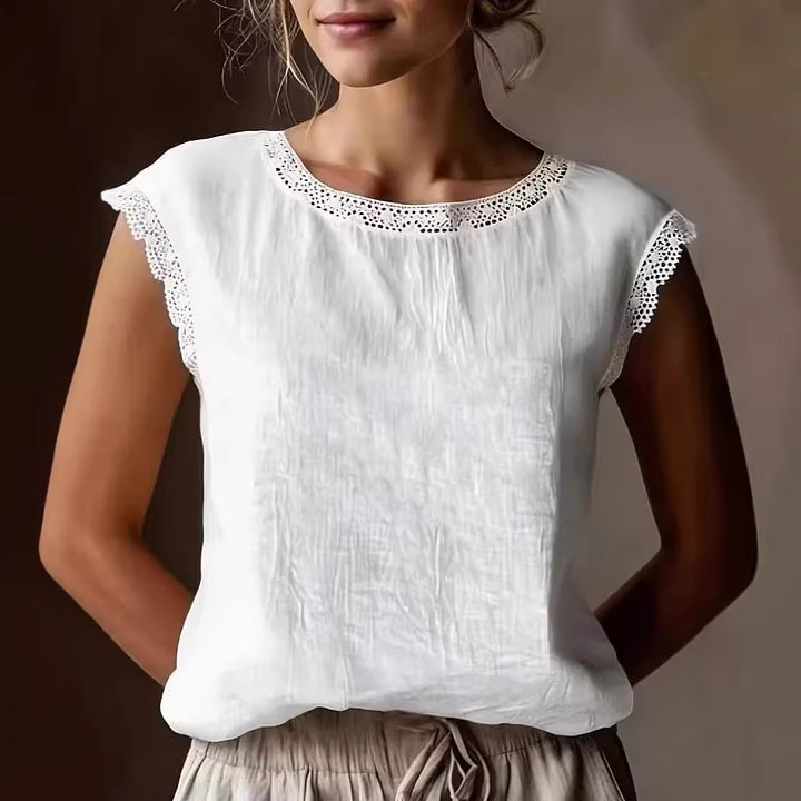 Foreign Trade Amazon 2026 Summer New Lace-Trimmed Women's Fashion Thin Round-Neck Sleeveless Pullover Top