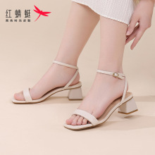 红蜻蜓法式粗跟一字带凉鞋女2024新款夏季女鞋方头高跟鞋斩男通勤