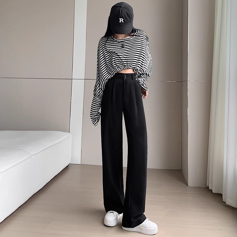 Pantalones de piernas anchas estrechas para mujeres primavera y otoño 2024 nuevo hombre pequeño cintura alta casual pantalones de traje recto de alta sensación