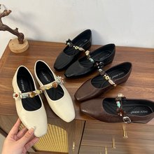 复古串珠玛丽珍鞋2025夏季新款粗跟浅口单鞋女文艺风百搭休闲女鞋