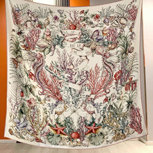 D高端真丝羊绒围巾女海底世界时尚140大方巾双面同色保暖披肩围脖