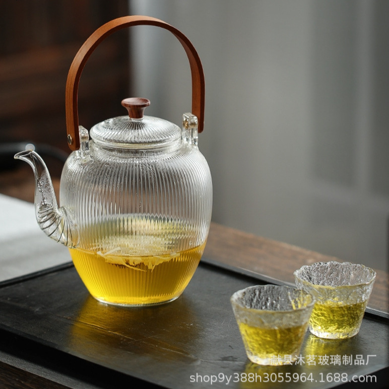 Customized Japanese-Style Vertical Pattern Glass Teapot Purple Sand Open Fire Tea Set Bamboo Handle Beam Kettle Electric Ceramic Kettle Hammer Pattern Tea